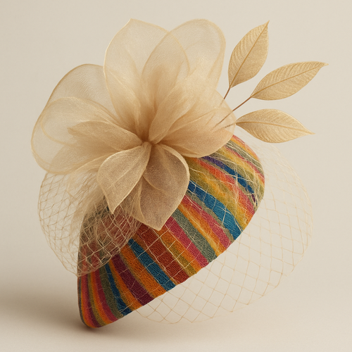 Create a one of a kind fascinator wedding hats, using colorful aso oke and a beige dazzling organza fabric, with a light net and leaves that will look unique, graceful, And attractive.