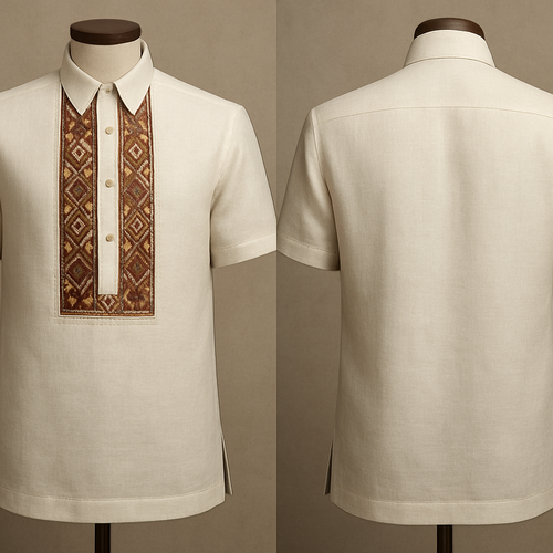 a short sleeves barong tagalog with accent of indegenous material on the chest part 