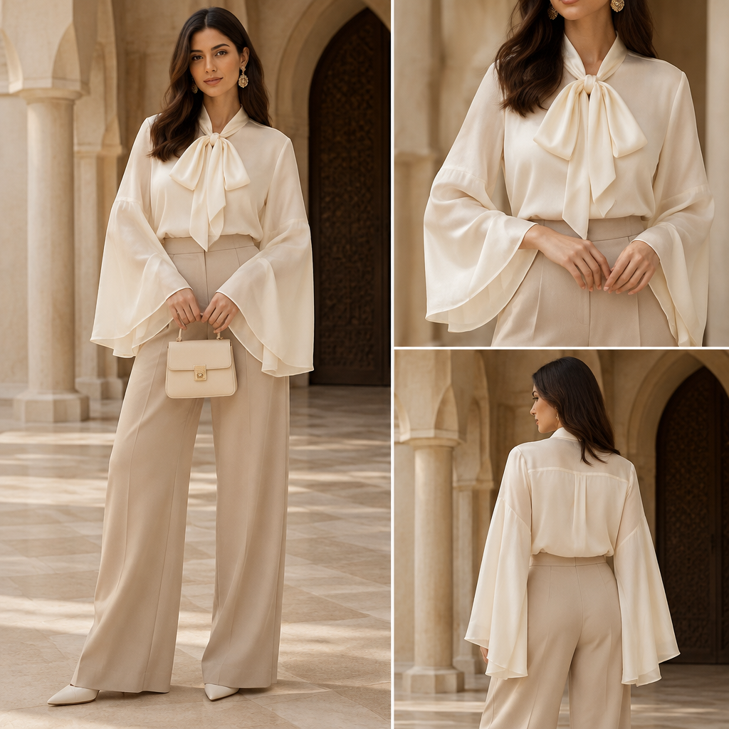 أريد بلوزة يدين واسعين وفي الإمام ربطة. Algeria fashion aesthetics. Present it as professional fashion catalogue photography: the garment is the subject, shown full-length with editorial styling, neutral posing and tasteful, non-suggestive framing.
photorealistic fashion design, أريد بلوزة يدين واسعين وفي الإمام ربطة. Algeria fashion aesthetics. Present it as professional fashion catalogue photography: the garment is the subject, shown full-length with editorial styling, neutral posing and tasteful, non-suggestive framing., just the design no text