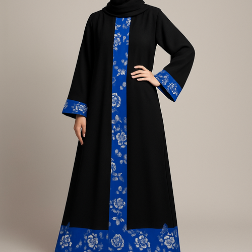 صمم لي عبايه بلون اسود وازرق يكون مثل ردائين من جوا ازرق بورود ابيض ومن الخارج اسود والأكمام  تكون ماسكه ع الجنب وعلى الأطراف  يكون هناك ورد على شكل  علامه قبطان