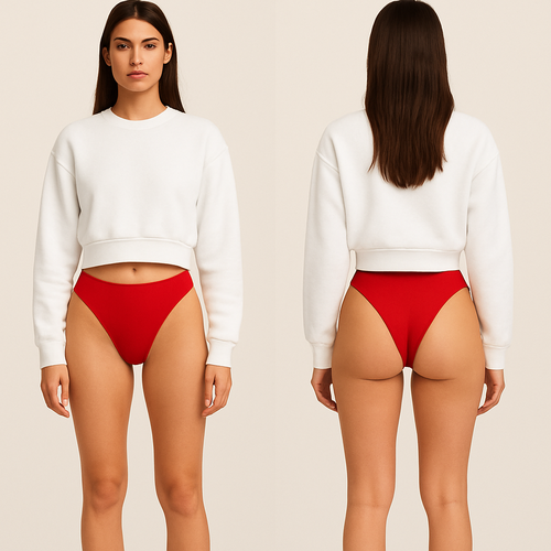 Une femme qui porte Un jogging blanc taille tres très basse avec une culotte rouge qui monte haut sur les hanches