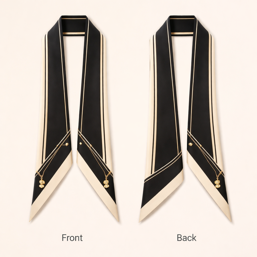 Design a silk scarf that is 5x86cm that is tailored and elegant but simple in a lay out to pair with a little black dress
Design a silk scarf that is 5x86cm that is tailored and elegant but simple in a lay out to pair with a little black dress, classic style, show front and back
