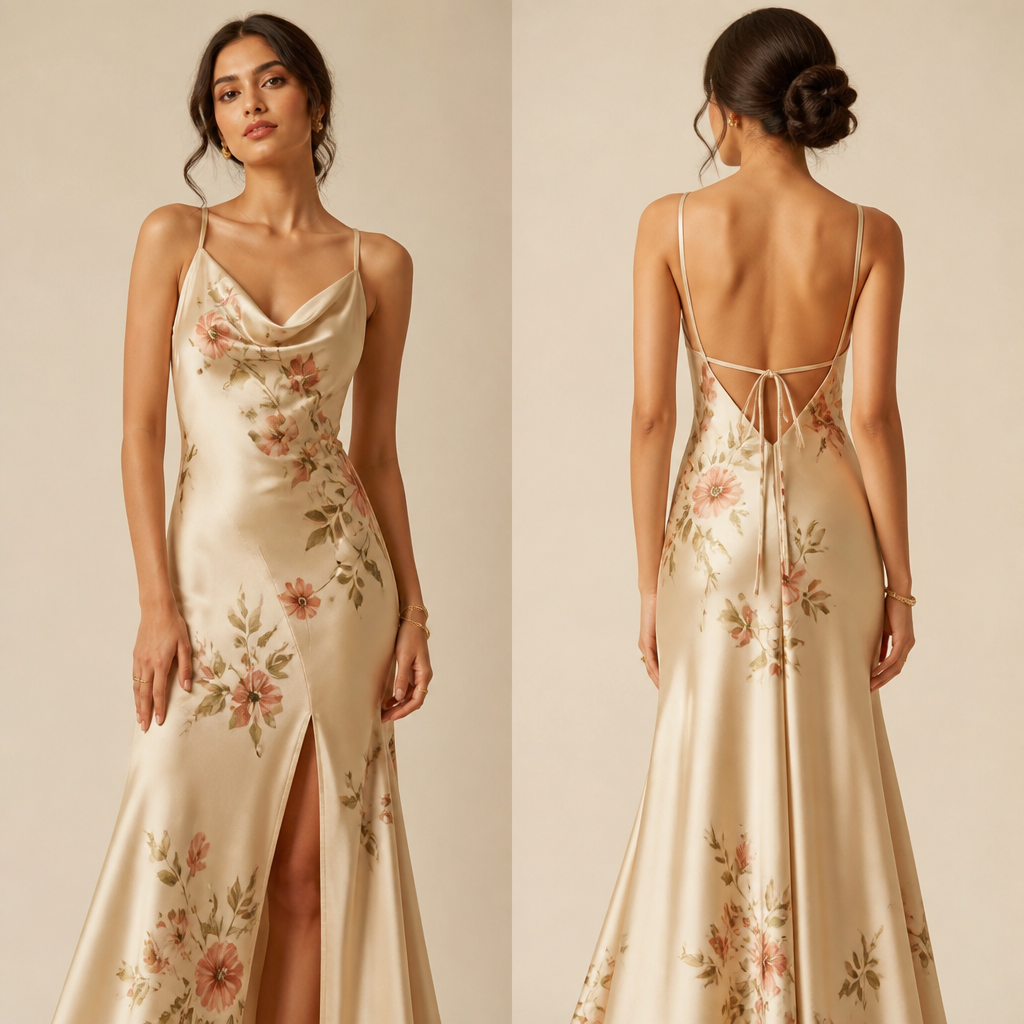 A Dress design, made of Silk, for Date Night, suitable for Summer, in Elegant style. India fashion aesthetics.
photorealistic fashion design, A Dress design, made of Silk, for Date Night, suitable for Summer, in Elegant style. India fashion aesthetics., elegant style, just the design no text, show front and back
