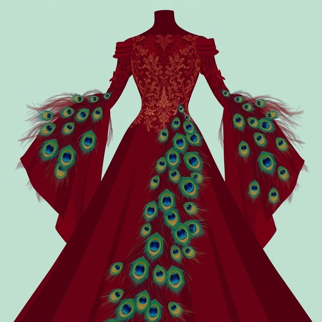A fancy burgundy feathered peacock dress that gives runway
Imagine a breathtaking burgundy gown adorned with delicate peacock feathers cascading down its silhouette, each feather shimmering in soft shades of emerald and gold. The dress features a fitted bodice with intricate lace detailing, sweeping into a billowing, floor-length skirt. Accentuated by a cinched waist and off-shoulder sleeves, this design radiates pure elegance.