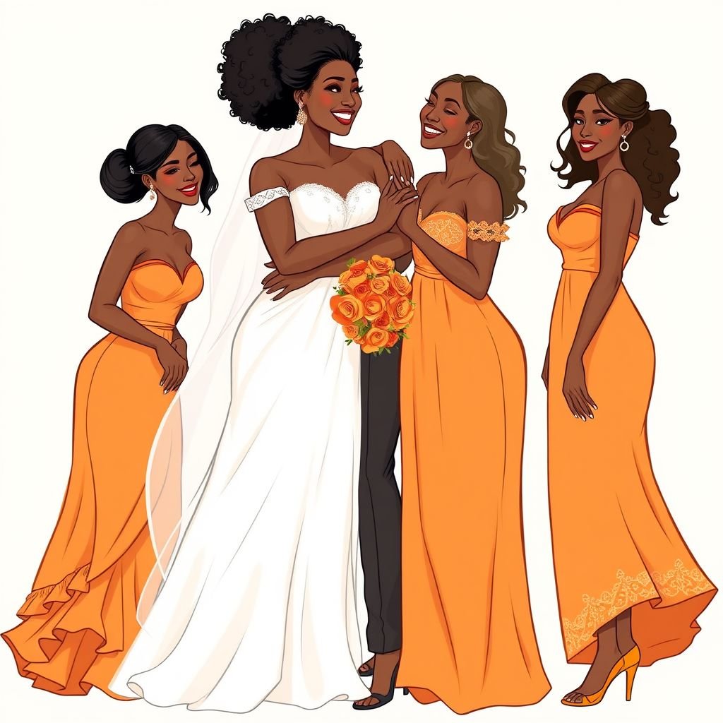 Generates an animation of a black bride bride holding her case smiling and hugging her with her friends who are her bridesmaids havent bridesmaids are all different shapes and sizes and they putting on an orange bond orange colour dress
Illustrate a vibrant wedding scene where a joyful black bride embraces her friends, radiating love. Each bridesmaid, diverse in shape and size, wears uniquely designed orange dresses—some flowing, others structured. The styles merge contemporary cuts with traditional elegance, featuring ruffled hems and intricate lace details, embodying unity and celebration in every stitch.