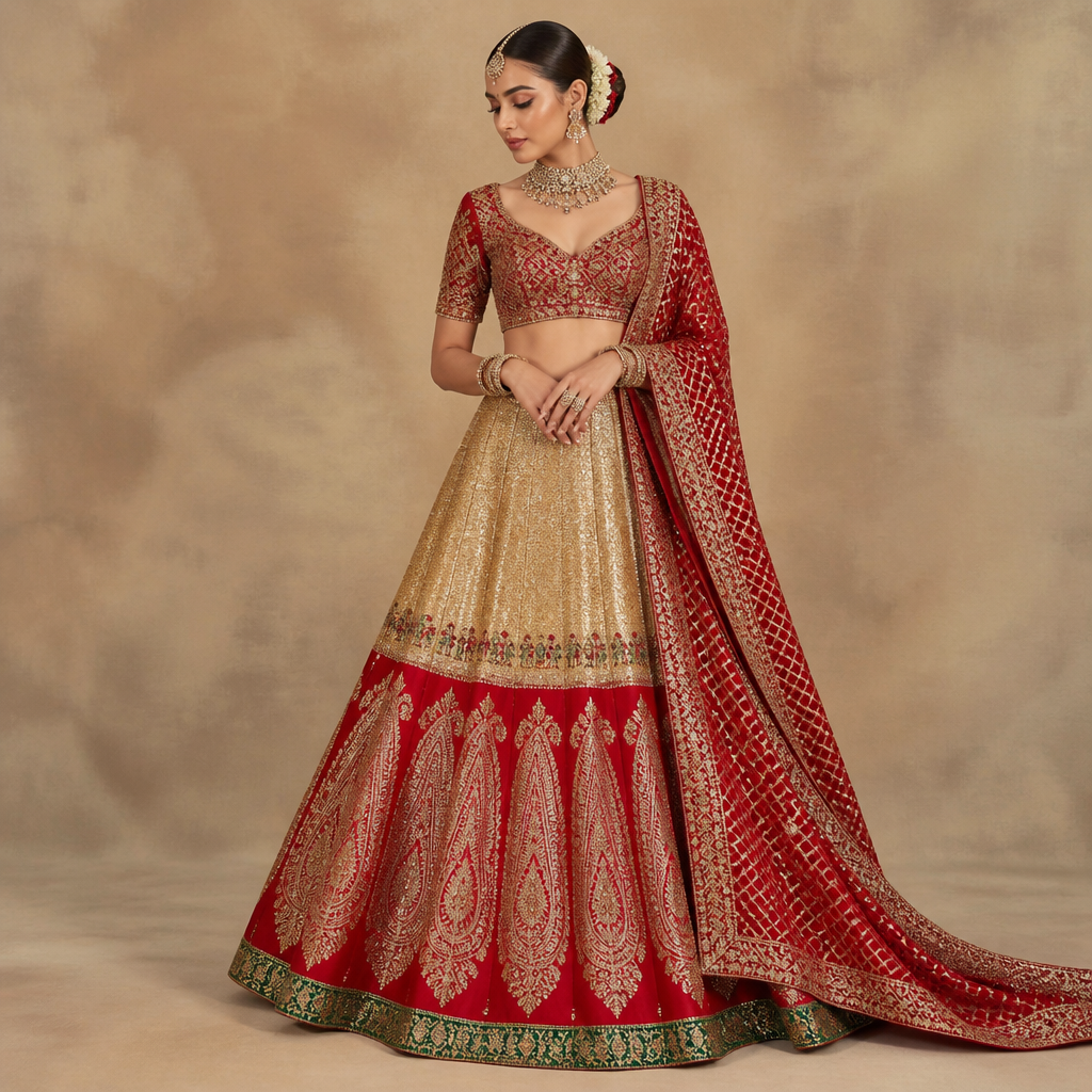 photorealistic fashion design, photorealistic fashion design, photorealistic fashion design, photorealistic fashion design, photorealistic fashion design, photorealistic fashion design, photorealistic fashion design, A Female fashion design, for Wedding, in Indian style. Dark shimmery golden tissue bridal lehenga with heavy flare and bottle green brocade border at the bottom and red raw silk long and broad paisley motifs placed above green border upto above knee. India fashion aesthetics., indian style, just the design no text. Refinement: Give Red gharchola Dupatta in gujrati style , just the design no text. Refinement: Keep the green border but make the entire area above green border in red colour uptil above knee, just the design no text. Refinement: In this outfit cover the area from hip to above knee in golden, just the design no text. Refinement: Make the golden area in this lehenga upto knee, just the design no text. Refinement: Fill the Golden area in this outfit with bride and groom varmala motifs embroidered in red green and golden colour in one horizontal line above red portion in this lehenga , just the design no text. Refinement: Make the varmala motifs half the size of this in this lehenga, just the design no text. Refinement: Make the width of green border at the bottom half of its size
photorealistic fashion design, photorealistic fashion design, photorealistic fashion design, photorealistic fashion design, photorealistic fashion design, photorealistic fashion design, photorealistic fashion design, photorealistic fashion design, A Female fashion design, for Wedding, in Indian style. Dark shimmery golden tissue bridal lehenga with heavy flare and bottle green brocade border at the bottom and red raw silk long and broad paisley motifs placed above green border upto above knee. India fashion aesthetics., indian style, just the design no text. Refinement: Give Red gharchola Dupatta in gujrati style , just the design no text. Refinement: Keep the green border but make the entire area above green border in red colour uptil above knee, just the design no text. Refinement: In this outfit cover the area from hip to above knee in golden, just the design no text. Refinement: Make the golden area in this lehenga upto knee, just the design no text. Refinement: Fill the Golden area in this outfit with bride and groom varmala motifs embroidered in red green and golden colour in one horizontal line above red portion in this lehenga , just the design no text. Refinement: Make the varmala motifs half the size of this in this lehenga, just the design no text. Refinement: Make the width of green border at the bottom half of its size , just the design no text