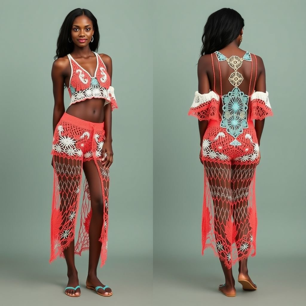 Design a summer short crochet piece on a dark skinned model front and back view
Create a vibrant summer short crochet ensemble featuring intricate patterns and airy textures, perfect for warm days. Showcase this design on a dark-skinned model, capturing both front and back views. Incorporate playful colors like coral and turquoise, with a flowy silhouette that embodies a carefree, sun-kissed aesthetic ideal for beach outings.
