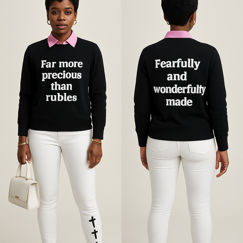Black woman 
Pixie cut 
Pink collared shirt 
Black sweater shirt says far more precious than rubies in white 
On the back it says fearfully and wonderfully made in white 
Tight White pants with 3 black crosses on them 
Pink heels 
White purse 
Gold jewelry 

