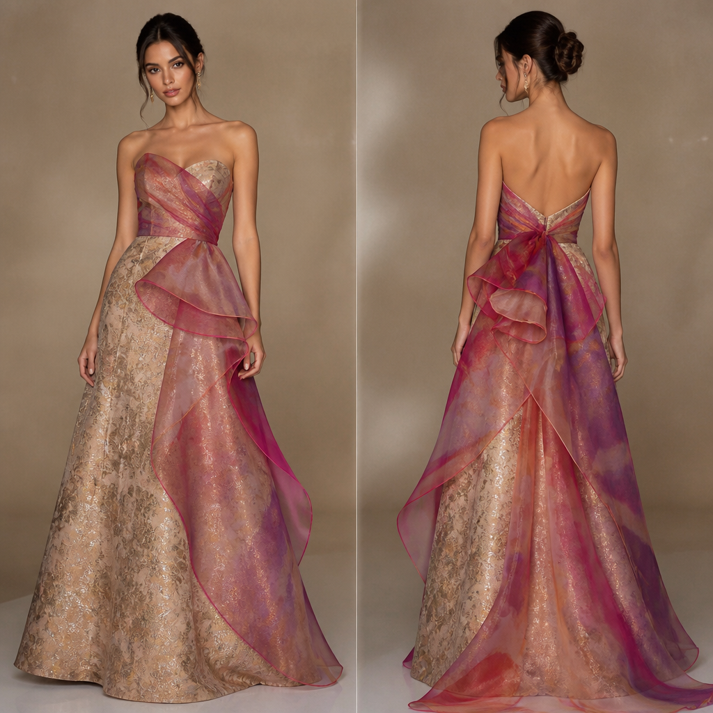 Dinner dress for a birthday party that will look gorgeous and graceful made with brocade fabric and colorful organza fabric.
photorealistic fashion design, Dinner dress for a birthday party that will look gorgeous and graceful made with brocade fabric and colorful organza fabric., just the design no text, show front and back