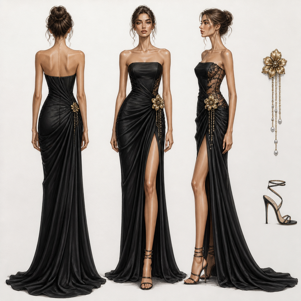 Αυτό το εξαιρετικό προσχέδιο (fashion sketch) παρουσιάζει ένα βραδινό φόρεμα υψηλής ραπτικής σε μαύρο χρώμα, αποτυπωμένο από τρεις διαφορετικές οπτικές γωνίες (μπροστά, πίσω και προφίλ), δίνοντας έμφαση στη δομή, την κίνηση και τις διακοσμητικές λεπτομέρειες.Ακολουθεί η πλήρης και λεπτομερής ανάλυση του σχεδίου:1. Η Μπροστινή Όψη (Κεντρική Φιγούρα)Γραμμή και Σιλουέτα: Το φόρεμα είναι στράπλες (strapless) με ίσιο ή ελαφρώς καμπυλωτό ντεκολτέ. Αγκαλιάζει σφιχτά το σώμα στον κορμό και τους γοφούς, αναδεικνύοντας τη θηλυκή σιλουέτα.Ντραπάρισμα (Draping): Το πιο χαρακτηριστικό στοιχείο είναι οι έντονες, διαγώνιες πτυχώσεις (ντραπέ) που ξεκινούν από το ύψος των γοφών και συγκεντρώνονται ασύμμετρα προς τη μία πλευρά της μέσης. Αυτό δημιουργεί μια αίσθηση πλούσιας κίνησης και υφής.Σκίσιμο (Slit): Στο κάτω μέρος, το φόρεμα ανοίγει με ένα βαθύ, εντυπωσιακό σκίσιμο που ξεκινά ψηλά από τον μηρό, αφήνοντας το πόδι ακάλυπτο κατά το βάδισμα και καταλήγοντας σε μια κομψή ουρά στο πάτωμα.2. Η Πίσω Όψη (Αριστερή Φιγούρα)Πλάτη και Κλείσιμο: Η πλάτη παραμένει στράπλες και σχετικά χαμηλή. Στο πάνω μέρος υπάρχει χειρόγραφη σημείωση με βέλος που δείχνει τη λέξη «φερμουάρ», υποδεικνύοντας το λειτουργικό κλείσιμο του ενδύματος στην πλάτη.Συνέχεια των Γραμμών: Οι πτυχώσεις συνεχίζουν ομαλά από το πλάι προς τα πίσω, αγκαλιάζοντας τους γλουτούς. Το φόρεμα καταλήγει σε μια διακριτική ουρά (train) που σέρνεται ελαφρώς στο έδαφος, προσθέτοντας θεατρικότητα και επισημότητα.3. Η Πλάγια / Ασύμμετρη Όψη (Δεξιά Φιγούρα)Διαφάνεια και Υφές: Εδώ αποκαλύπτεται μια πολύ ενδιαφέρουσα σχεδιαστική λεπτομέρεια. Το φόρεμα φαίνεται να ενσωματώνει ένθετα τμήματα από διαφάνεια (mesh/tulle) ή δαντέλα στην περιοχή της μέσης και των γοφών, δημιουργώντας ένα cut-out εφέ που παίζει με την ψευδαίσθηση του γυμνού δέρματος.Ασύμμετρο Κόψιμο: Το ντεκολτέ σε αυτή την εκδοχή εμφανίζει μια πιο γεωμετρική, ασύμμετρη δομή, ενισχύοντας τον μοντέρνο χαρακτήρα του ρούχου.4. Διακοσμητικά Στοιχεία και ΑξεσουάρΤο Χρυσό Λουλούδι: Στο σημείο όπου ενώνονται οι πτυχώσεις στη μέση, υπάρχει ένα τρισδιάστατο διακοσμητικό λουλούδι σε χρυσή απόχρωση.Ανάλυση Κοσμήματος: Στα δεξιά υπάρχει ένα ξεχωριστό, επεξηγηματικό γραμμικό σκίτσο που δείχνει ότι από το λουλούδι κρέμονται λεπτές αλυσίδες με μικρά κρεμαστά στοιχεία (πέρλες ή στρας), προσθέτοντας κίνηση και λάμψη.Υποδήματα: Στο κάτω δεξιά μέρος του χαρτιού, ο σχεδιαστής έχει μελετήσει τα ιδανικά παπούτσια για το look. Πρόκειται για ψηλοτάκουνα πέδιλα με λεπτά λουράκια (strappy heels) που δένουν γύρω από τον αστράγαλο, διατηρώντας την εμφάνιση ανάλαφρη και κομψή.. Greece fashion aesthetics.
photorealistic fashion design, Αυτό το εξαιρετικό προσχέδιο (fashion sketch) παρουσιάζει ένα βραδινό φόρεμα υψηλής ραπτικής σε μαύρο χρώμα, αποτυπωμένο από τρεις διαφορετικές οπτικές γωνίες (μπροστά, πίσω και προφίλ), δίνοντας έμφαση στη δομή, την κίνηση και τις διακοσμητικές λεπτομέρειες.Ακολουθεί η πλήρης και λεπτομερής ανάλυση του σχεδίου:1. Η Μπροστινή Όψη (Κεντρική Φιγούρα)Γραμμή και Σιλουέτα: Το φόρεμα είναι στράπλες (strapless) με ίσιο ή ελαφρώς καμπυλωτό ντεκολτέ. Αγκαλιάζει σφιχτά το σώμα στον κορμό και τους γοφούς, αναδεικνύοντας τη θηλυκή σιλουέτα.Ντραπάρισμα (Draping): Το πιο χαρακτηριστικό στοιχείο είναι οι έντονες, διαγώνιες πτυχώσεις (ντραπέ) που ξεκινούν από το ύψος των γοφών και συγκεντρώνονται ασύμμετρα προς τη μία πλευρά της μέσης. Αυτό δημιουργεί μια αίσθηση πλούσιας κίνησης και υφής.Σκίσιμο (Slit): Στο κάτω μέρος, το φόρεμα ανοίγει με ένα βαθύ, εντυπωσιακό σκίσιμο που ξεκινά ψηλά από τον μηρό, αφήνοντας το πόδι ακάλυπτο κατά το βάδισμα και καταλήγοντας σε μια κομψή ουρά στο πάτωμα.2. Η Πίσω Όψη (Αριστερή Φιγούρα)Πλάτη και Κλείσιμο: Η πλάτη παραμένει στράπλες και σχετικά χαμηλή. Στο πάνω μέρος υπάρχει χειρόγραφη σημείωση με βέλος που δείχνει τη λέξη «φερμουάρ», υποδεικνύοντας το λειτουργικό κλείσιμο του ενδύματος στην πλάτη.Συνέχεια των Γραμμών: Οι πτυχώσεις συνεχίζουν ομαλά από το πλάι προς τα πίσω, αγκαλιάζοντας τους γλουτούς. Το φόρεμα καταλήγει σε μια διακριτική ουρά (train) που σέρνεται ελαφρώς στο έδαφος, προσθέτοντας θεατρικότητα και επισημότητα.3. Η Πλάγια / Ασύμμετρη Όψη (Δεξιά Φιγούρα)Διαφάνεια και Υφές: Εδώ αποκαλύπτεται μια πολύ ενδιαφέρουσα σχεδιαστική λεπτομέρεια. Το φόρεμα φαίνεται να ενσωματώνει ένθετα τμήματα από διαφάνεια (mesh/tulle) ή δαντέλα στην περιοχή της μέσης και των γοφών, δημιουργώντας ένα cut-out εφέ που παίζει με την ψευδαίσθηση του γυμνού δέρματος.Ασύμμετρο Κόψιμο: Το ντεκολτέ σε αυτή την εκδοχή εμφανίζει μια πιο γεωμετρική, ασύμμετρη δομή, ενισχύοντας τον μοντέρνο χαρακτήρα του ρούχου.4. Διακοσμητικά Στοιχεία και ΑξεσουάρΤο Χρυσό Λουλούδι: Στο σημείο όπου ενώνονται οι πτυχώσεις στη μέση, υπάρχει ένα τρισδιάστατο διακοσμητικό λουλούδι σε χρυσή απόχρωση.Ανάλυση Κοσμήματος: Στα δεξιά υπάρχει ένα ξεχωριστό, επεξηγηματικό γραμμικό σκίτσο που δείχνει ότι από το λουλούδι κρέμονται λεπτές αλυσίδες με μικρά κρεμαστά στοιχεία (πέρλες ή στρας), προσθέτοντας κίνηση και λάμψη.Υποδήματα: Στο κάτω δεξιά μέρος του χαρτιού, ο σχεδιαστής έχει μελετήσει τα ιδανικά παπούτσια για το look. Πρόκειται για ψηλοτάκουνα πέδιλα με λεπτά λουράκια (strappy heels) που δένουν γύρω από τον αστράγαλο, διατηρώντας την εμφάνιση ανάλαφρη και κομψή.. Greece fashion aesthetics., just the design no text