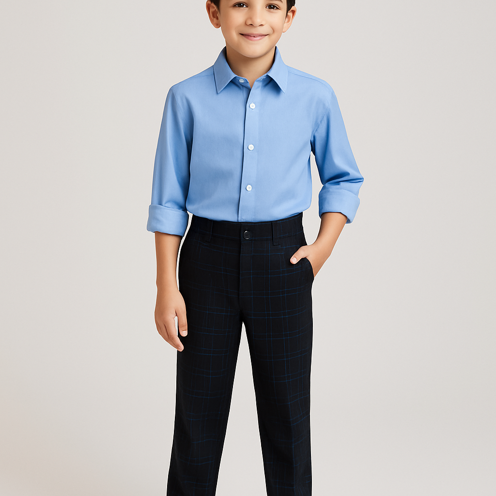 قميص ازرق كمه مرفوع قليلا
مع بنطال  اسود ونقشة مدرسية بخط رفيع باللون ازرق 
للأطفال يعطي شعور بالراحة وسهولة الحركة

قميص ازرق كمه مرفوع قليلا
مع بنطال  اسود ونقشة مدرسية بخط رفيع باللون ازرق 
للأطفال يعطي شعور بالراحة وسهولة الحركة, formal style