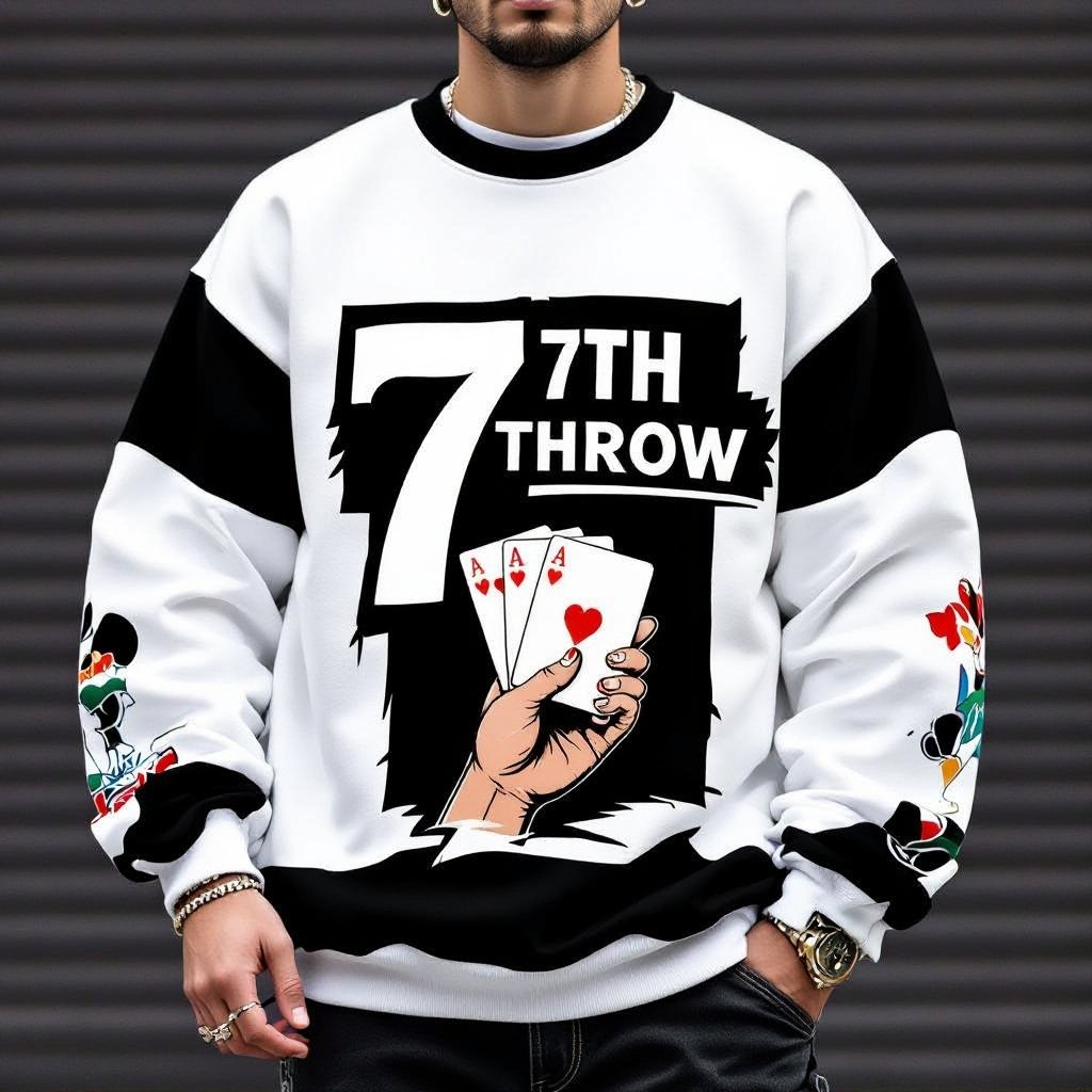 Design a black men’s pullover with the word “The 7th throw” in the middle and behind the wording add a picture of a hand holding a deck of 3 cards, the ace, the 7 of hearts and the joker
Streetwear fashion: Design a black cotton men's oversized pullover. Feature "The 7th throw" centrally on the front. Behind the text, add a graphic of a hand holding three cards: an ace, the 7 of hearts, and a joker. Include ribbed cuffs and hem.
