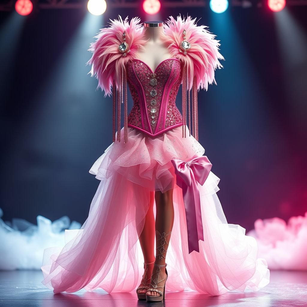 A captivatingly ethereal image captures the essence of a flamboyant female supermodel showgirl, depicted in hyperrealistic and fractal detail. The intense dramatic lighting and soft, dreamy atmosphere create a tension that is palpable, drawing viewers into the intricate details and beauty of the fine details of her iconic pink Vegas showgirl ensemble and lavish obscure elaborate campy scene . In realistic fashion photography this piece exudes a mesmerizing quality that showcases the artist's skill and creativity. The hazy soft light and high contrast add depth and dimension to the subject, emphasizing every curve and contour with utmost precision. Imbued with a sense of surrealism and allure, this image invites viewers to delve into its intricate details and appreciate its impeccable artistry.
A lavish pink sequined corset adorned with oversized feathered epaulettes, cascading rhinestone tassels draping from the hips. Fluffy tulle skirt with layers of shimmering organza, twinkling under the dramatic stage lights. Strappy high-heeled sandals embellished with glittering gems, complemented by extravagant oversized satin bows, creating an enchanting and dreamlike atmosphere.