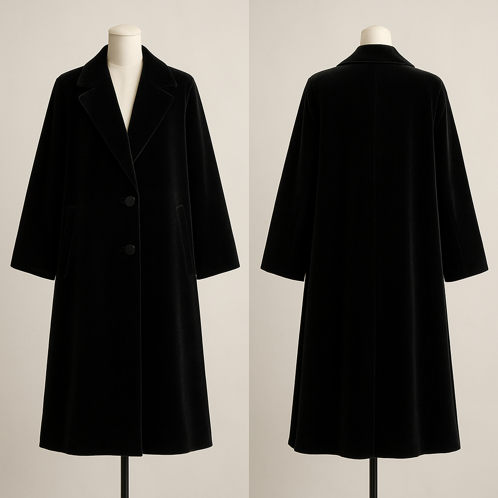Long coat black velvet with wide cut
Long coat black velvet with wide cut
, show front and back