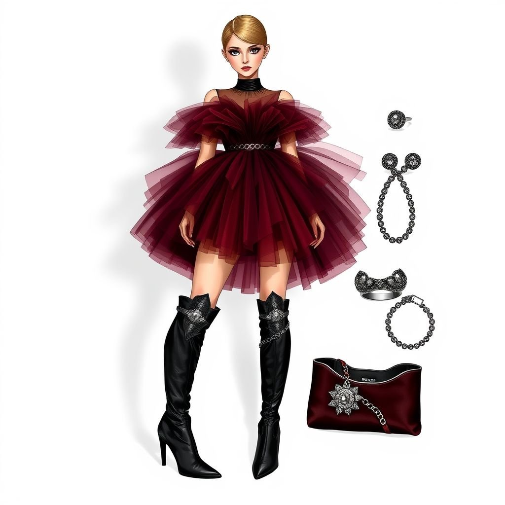 Oxblood, tulle, mini, leather, over the knee boots
Design a striking oxblood mini dress crafted from layered tulle, adorned with metallic accents that shimmer like polished steel. Pair it with sleek leather over-the-knee boots featuring intricate, metal-inspired embellishments. Complete the look with bold metallic accessories, creating a fusion of edgy elegance, combining softness with a fierce metallic allure.