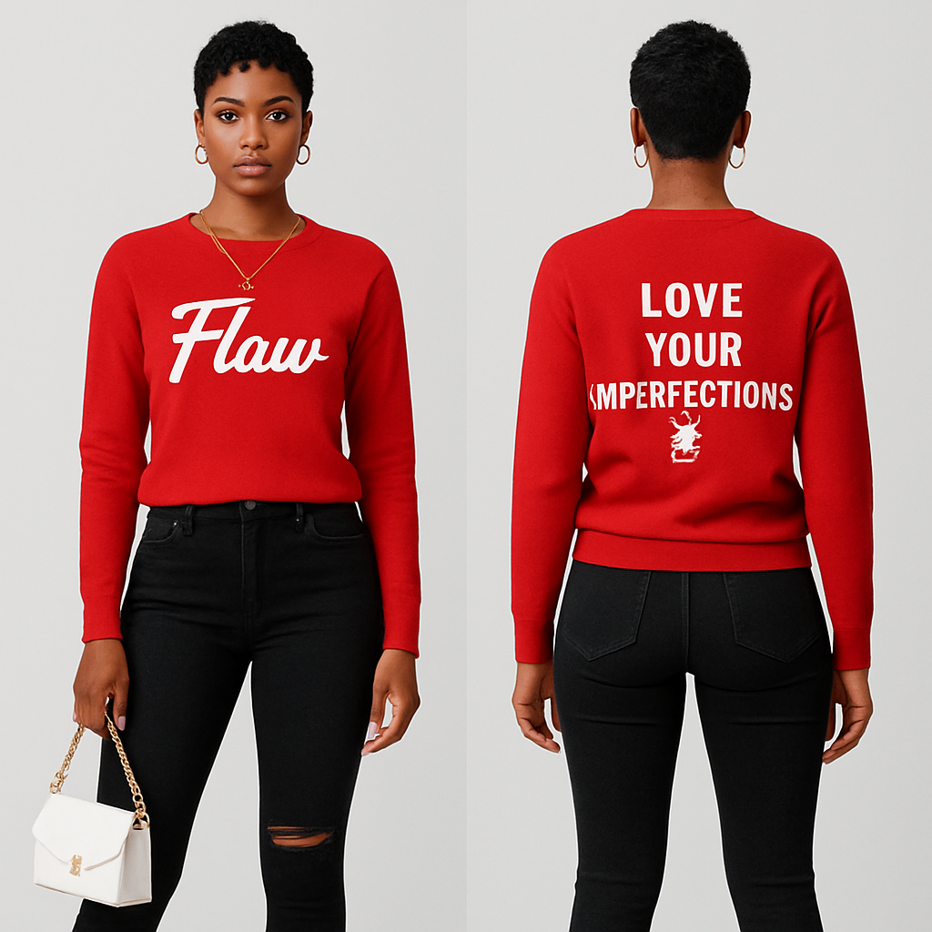 Black woman
Pixie cut
Red Long sleeve sweater shirt on the front it says Flaw in white in cursive and on the back it says in white Love Your Imperfections 🌹
Tight black ripped jeans
White boot heels
Gold jewelry
White purse
Black woman
Pixie cut
Red Long sleeve sweater shirt on the front it says Flaw in white in cursive and on the back it says in white Love Your Imperfections 🌹
Tight black ripped jeans
White boot heels
Gold jewelry
White purse
, show front and back