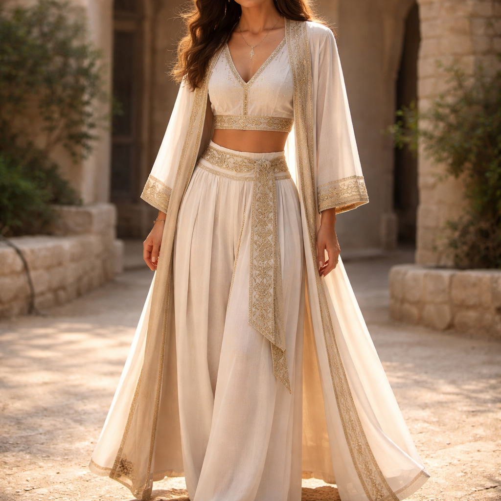 Israelite, a bit modernized, make an outfit having four pieces, flowy just below the ankle pants like skirt, show a embroidered matching belt cascading down one side, shirt has a v-neck with (thin) gold threaded embroidery around the neckline and at the bottom of mid cropped just above waste shirt, a wider evident embroidery, robe is not singed but flowy, over the robe is a open vest that lays lightly and also flowy the edge of the vest is knee length while the robe is full length at ankle the look, a bit humble, comfortable, yet Atelier conservative and unique in its design, eco-friendly, sustainable (BAMBOO) round neck line, fabric-in white glistening hemp, the look: a mixture of earthy tones- the fabric looks light and flowy, shimmery gold when the sun hits it, authentic Hebrew embroidery is shimmery rich gold around the outer edges. Robe like “Jesus” the length is to the floor, looks classy and of very high end quality,
Israelite, a bit modernized, make an outfit having four pieces, flowy just below the ankle pants like skirt, show a embroidered matching belt cascading down one side, shirt has a v-neck with (thin) gold threaded embroidery around the neckline and at the bottom of mid cropped just above waste shirt, a wider evident embroidery, robe is not singed but flowy, over the robe is a open vest that lays lightly and also flowy the edge of the vest is knee length while the robe is full length at ankle the look, a bit humble, comfortable, yet Atelier conservative and unique in its design, eco-friendly, sustainable (BAMBOO) round neck line, fabric-in white glistening hemp, the look: a mixture of earthy tones- the fabric looks light and flowy, shimmery gold when the sun hits it, authentic Hebrew embroidery is shimmery rich gold around the outer edges. Robe like “Jesus” the length is to the floor, looks classy and of very high end quality, , classic style
