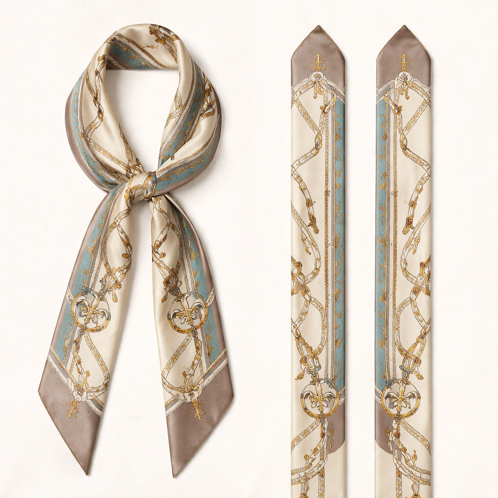 design a silk scarf that is 5x 86 cm that is heritage fashion.
A refined color palette:
• Neutrals + one accent
• Or KC-adjacent colors without being literal
design a silk scarf that is 5x 86 cm that is heritage fashion.
A refined color palette:
• Neutrals + one accent
• Or KC-adjacent colors without being literal, classic style, show front and back