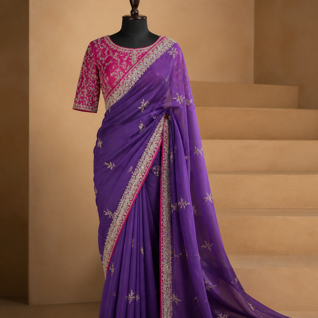 a purple saree with pink blouse with a work of silver. India fashion aesthetics.
photorealistic fashion design, a purple saree with pink blouse with a work of silver. India fashion aesthetics., just the design no text