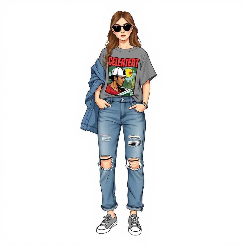 Jeans and top
Design a relaxed, effortlessly stylish outfit featuring high-waisted, distressed denim jeans paired with a loose-fitting, oversized graphic tee that celebrates urban street art. Add a lightweight, unbuttoned chambray shirt draped over the shoulders, complemented by slip-on canvas sneakers and minimalist accessories, embodying a chic yet laid-back casual vibe.