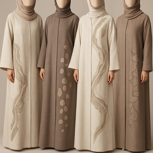 Create a modest two-piece linen abaya, the first of its kind, featuring a unique stone design that exudes a classy and sophisticated vibe. I’d like four designs, each showcasing different styles and fabrics. Incorporate high-end, unique chic stone designs to make them truly special. Add little sophisticated stone designs.