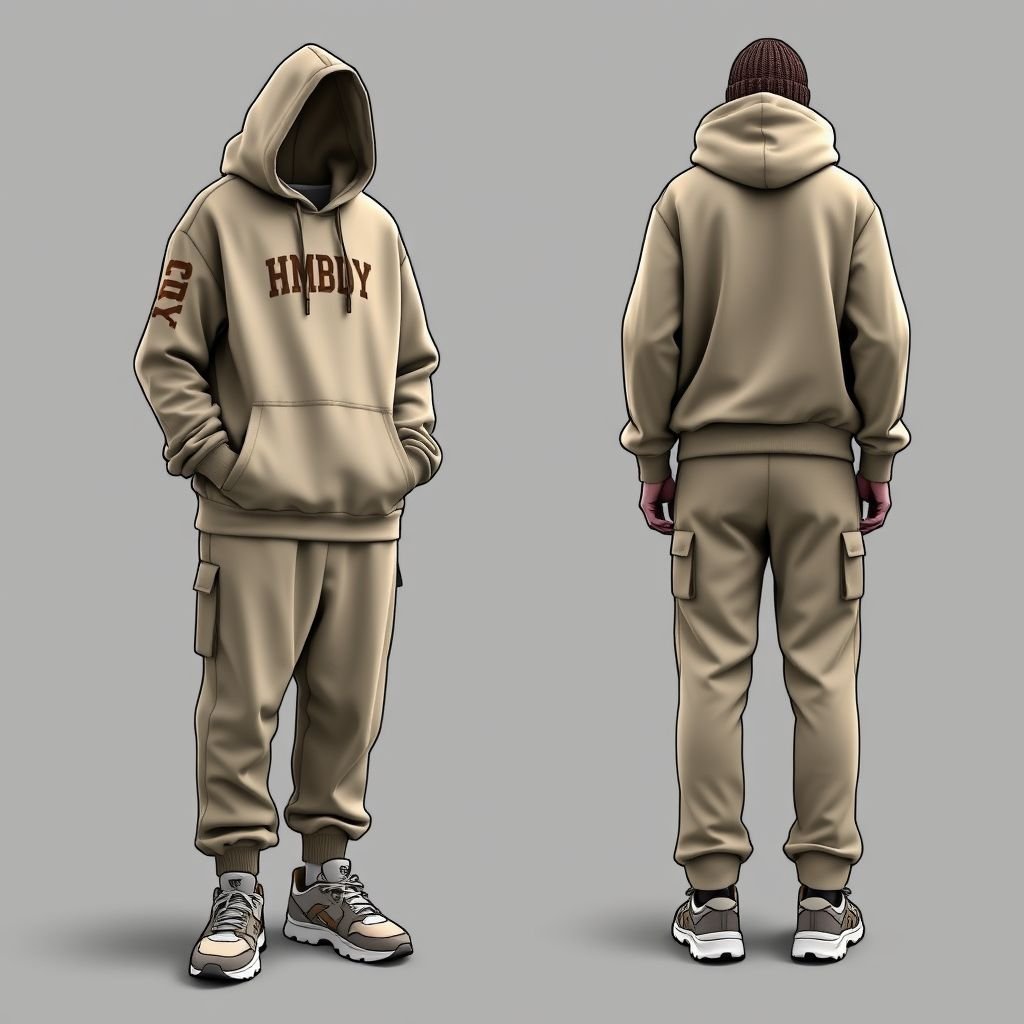 Plain taupe hoodie and matching straight leg sweatpants with the letters HMBDY embroidered in the color brown in small font on the left sleeve of the hoodie. The hoodie should have hidden pockets on the left and right sides. No front pouch.
Design an urban-inspired streetwear ensemble featuring a taupe hoodie and straight-leg sweatpants. Embroider “HMBDY” in brown on the left sleeve, subtly blending into the fabric. Incorporate sleek, hidden pockets on both sides of the hoodie for functionality. Complete the look with oversized sneakers and accessories like a beanie and crossbody bag.