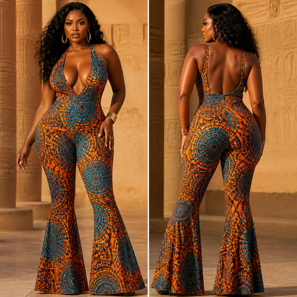 create image for creative sexy trendy design for Deep V Flared Jumpsuit (Afro Print)
flare bottom party night clubwear, front and back
african curvy model. Egypt fashion aesthetics.
photorealistic fashion design, create image for creative sexy trendy design for Deep V Flared Jumpsuit (Afro Print)
flare bottom party night clubwear, front and back
african curvy model. Egypt fashion aesthetics., just the design no text
