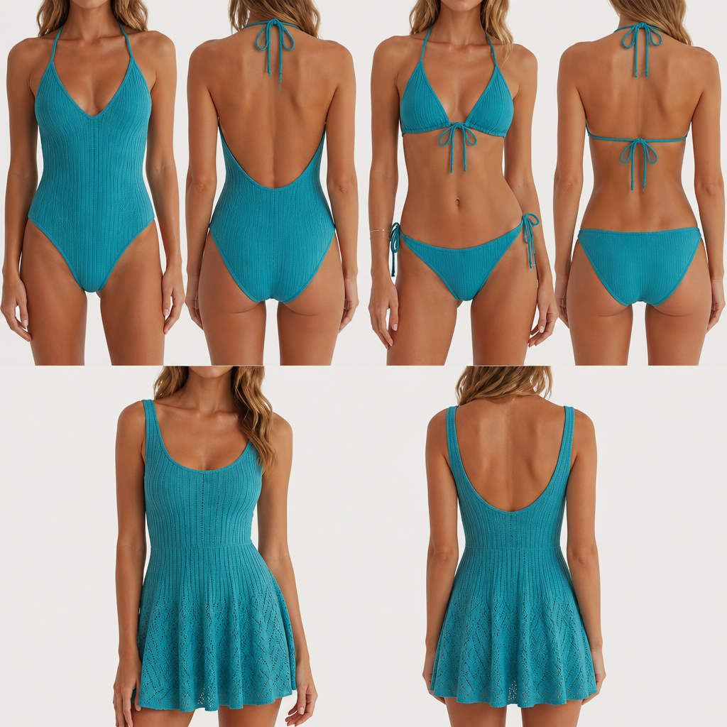 A Swimwear design, made of Wool, for Beach, suitable for Summer, in 70s + Sustainable style. maak een turquiose zwempak en ook een matching bikini EN een zwemjurk
photorealistic fashion design, A Swimwear design, made of Wool, for Beach, suitable for Summer, in 70s + Sustainable style. maak een turquiose zwempak en ook een matching bikini EN een zwemjurk, seventies style, just the design no text, show front and back