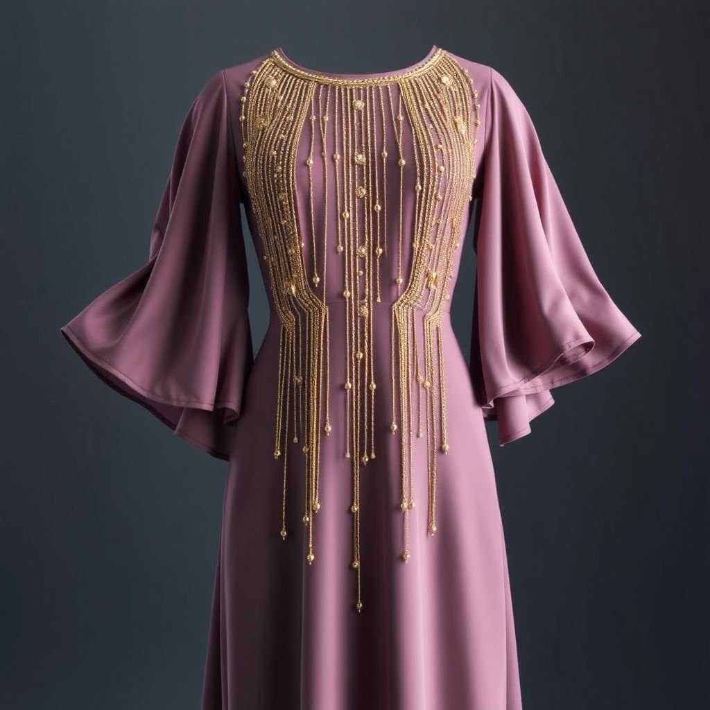 A plain mauve over busy designed with gold beads
Envision a minimalist mauve dress, its simplicity disrupted by intricate gold bead embellishments cascading down the bodice. The beads catch the light, reflecting delicate patterns reminiscent of art deco motifs. Flowing, asymmetrical sleeves create a whimsical silhouette, while the garment's luxurious fabric drapes gracefully, offering an enchanting blend of elegance and boldness.