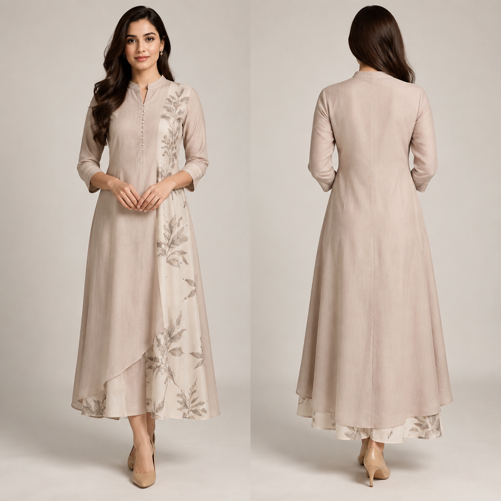 Basic all size elegant look daily dress no plain look
photorealistic fashion design, Basic all size elegant look daily dress no plain look, minimalist style, just the design no text, show front and back