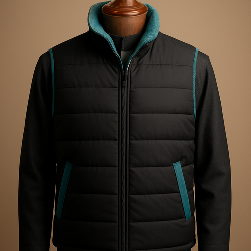 
"Photorealistic product shot of an original men's reversible quilted vest on a premium polished wooden full‑torso mannequin. Primary side: very deep matte black (#000000) with horizontal channel quilting; accent trims and pocket edges in slightly desaturated turquoise. Collar: lowered funnel collar, turned up on the neck and neatly styled (pressed/showing) so the sheep‑shearling fleece pile is clearly visible; shearling color: slightly desaturated turquoise (recommended #46C9C1). Fastening: fully concealed matte black zipper, no buttons. Features: horizontal quilting, subtle asymmetrical hem, refined stitch details, realistic fabric texture. Styling: worn over a dark charcoal Saudi thobe, posed on a luxurious wooden mannequin. Lighting: studio luxury catalogue lighting — soft directional key light from left, gentle rim light, neutral warm backdrop, shallow depth of field. Camera: 85mm, f/4, high detail, ultra‑realistic, commercial product photography. No logos, no text, no watermark, not a replica."
"Photorealistic front product shot of the reversible quilted vest on a polished wooden full‑torso mannequin. Very deep matte black primary (#000000), turquoise trims desaturated; lowered funnel collar turned up to show desaturated‑turquoise shearling lining (#46C9C1); concealed hidden zipper (no buttons). Straight‑on view, even studio lighting, soft shadows, sharp fabric texture and pocket/zipper details visible. Camera: 50mm, f/5.6, neutral warm backdrop, commercial catalogue style. No logos, no text."
"Extreme close‑up of vest fabric and stitching: horizontal quilting channels, desaturated turquoise piping, hidden zipper seam detail, and pressed‑open collar edge with soft desaturated‑turquoise shearling visible (#46C9C1). Macro detail, true fabric grain, studio lighting for texture emphasis, high dynamic range, ultra realistic. Camera: 100mm macro, f/8, focus stacking if possible. No logos, no watermark."
"Photorealistic men's reversible quilted vest on premium wooden mannequin — very deep matte black (#000000) primary, slightly desaturated turquoise accents, lowered funnel collar turned up to show sheep shearling in desaturated turquoise #46C9C1, fully concealed zipper, horizontal quilting, over dark charcoal Saudi thobe, studio luxury lighting, shallow DOF, ultra‑realistic, no logos —ar 3:4 --q 2 --stylize 50"
