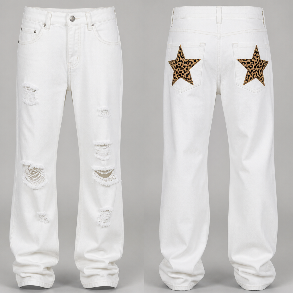 I want white distressed jeans with stars stitched in leopard print at the back I want them to be boyfriend style jeans
photorealistic fashion design, I want white distressed jeans with stars stitched in leopard print at the back I want them to be boyfriend style jeans , streetwear style, just the design no text, show front and back