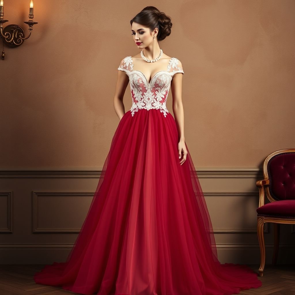 classy
Design an elegant floor-length gown in the classic style, featuring a fitted bodice adorned with delicate lace details and a regal sweetheart neckline. Soft, flowing tulle drapes gracefully from the waist, while rich jewel tones enhance the timeless silhouette. Complement with vintage-inspired pearl accessories and sophisticated updo hairstyles for a truly refined look.