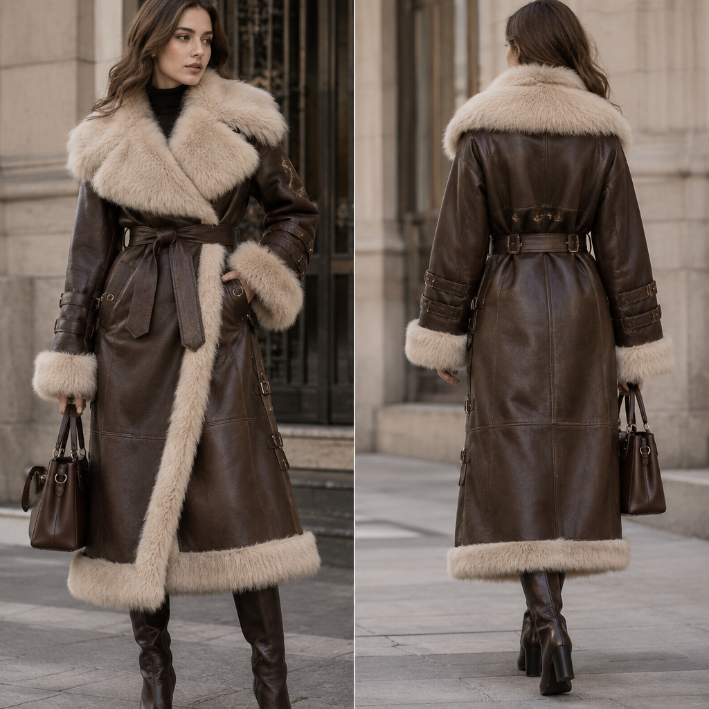 A unique long dark-brown leather shearling coat, reaching approximately mid-calf. The silhouette is slightly fitted and elegant, with oversized sleeves. The coat has a large soft cream-beige shearling fur collar, with matching fur trim along the front opening, sleeve cuffs and bottom hem. It features a wrap-style front closure with a wide leather belt at the waist. Add several decorative leather straps with metal buckles around the waist, sleeves and sides. Include practical side pockets integrated into the design. The overall look should be luxurious but wearable for everyday winter fashion, with a distinctive original construction and sophisticated details. Realistic high-quality fashion photography, real leather and natural shearling texture, photographed on a real female model.
photorealistic fashion design, A unique long dark-brown leather shearling coat, reaching approximately mid-calf. The silhouette is slightly fitted and elegant, with oversized sleeves. The coat has a large soft cream-beige shearling fur collar, with matching fur trim along the front opening, sleeve cuffs and bottom hem. It features a wrap-style front closure with a wide leather belt at the waist. Add several decorative leather straps with metal buckles around the waist, sleeves and sides. Include practical side pockets integrated into the design. The overall look should be luxurious but wearable for everyday winter fashion, with a distinctive original construction and sophisticated details. Realistic high-quality fashion photography, real leather and natural shearling texture, photographed on a real female model., just the design no text