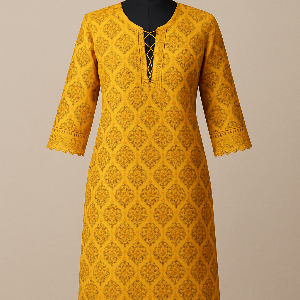 Yellow block print kurti with laced neck and sleeves 
Yellow block print kurti with laced neck and sleeves