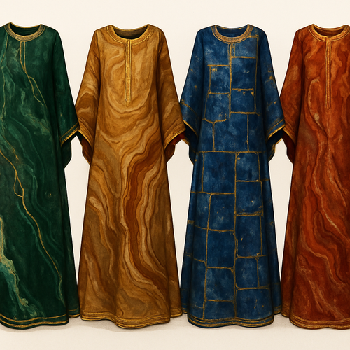 Create me modest boubou that's first in the world, using unique stone design, classy and sophisticated. Keep me 4 designs. Make them rich 