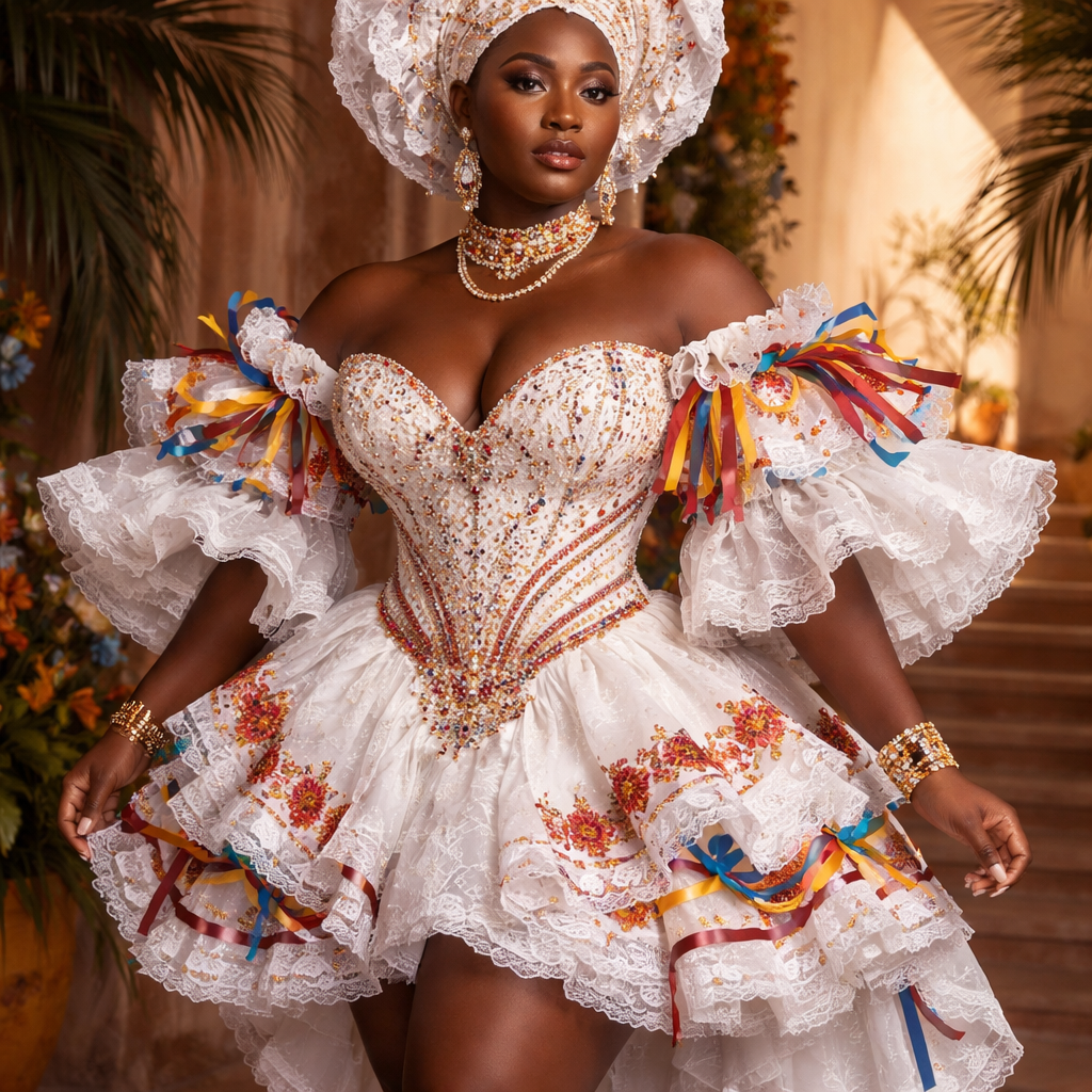 Short couture wedding dress, Dominican Republic folkloric inspiration, Congolese and Puerto Rican inspiration, modern luxury, fitted waist, dramatic sleeves, structured neckline, elegant it’s my traditional wedding dress, high-fashion editorial, plus-size couture. I’m Congolese, my husband is Puerto Rican and Dominican
Short couture wedding dress, Dominican Republic folkloric inspiration, Congolese and Puerto Rican inspiration, modern luxury, fitted waist, dramatic sleeves, structured neckline, elegant it’s my traditional wedding dress, high-fashion editorial, plus-size couture. I’m Congolese, my husband is Puerto Rican and Dominican