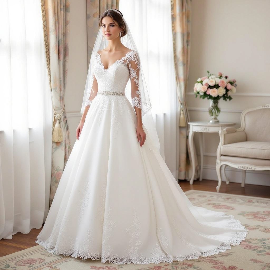 A puffy white bridal gown made of lace, embellished with crystal beads on the bodice, paired with an embellished veil." Big drees
Classic fashion: A white bridal gown made of lace, with a fitted bodice and a full skirt, paired with a classic veil.