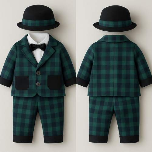 Baby suits of boy one-year-old
チェック模様、緑と紺
上下セットアップ
ポケットを黒に
裾口と袖口を数センチ黒色に
スーツのボタンは二つで模様なしのシルバー(光沢あり)
スーツの下のワイシャツは白
蝶ネクタイは黒
黒のハット、ハットのリボンの部分にスーツと同じチェック模様のベルトを巻いて
