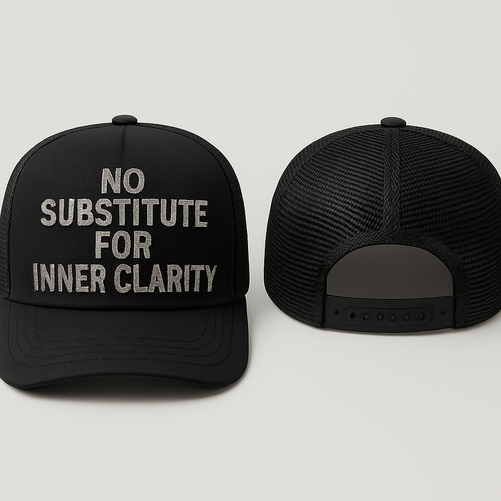 A foam trucker with raised glittery embroidery on the text in black saying no substitute for inner clarity
A foam trucker with raised glittery embroidery on the text in black saying no substitute for inner clarity
, show front and back