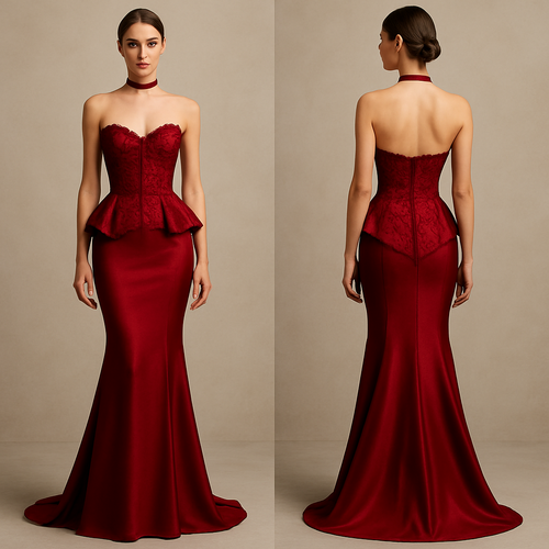 Create a high-fashion couture evening gown inspired by timeless elegance and femininity. The design features a structured corset bodice with intricate lace detailing and a sculpted peplum waist that flatters the silhouette. The gown is made from luxurious deep red silk and lace fabrics, with a floor-length, fitted skirt that flows gracefully. The neckline is sensual yet refined, paired with a minimalist choker detail. The overall look should exude sophistication, confidence, and modern romance — perfect for a 2026 haute couture runway presentation.