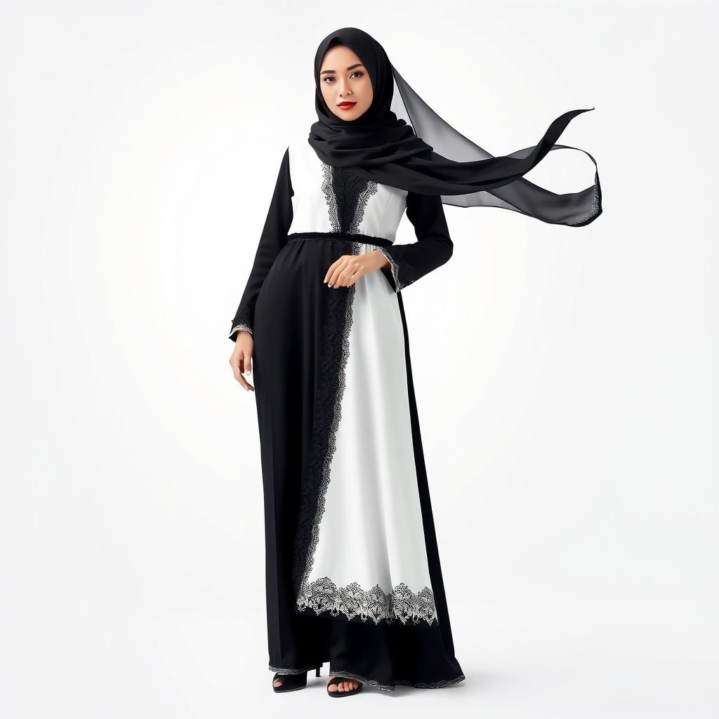 Abaya that is black and white trouser with flowy hijab
Design a luxurious black and white abaya featuring intricate lace detailing along the seams, paired with tailored trousers that elegantly fall to the ankle. The abaya boasts a structured silhouette, while the flowy hijab drapes effortlessly, adorned with subtle metallic thread accents. This ensemble radiates sophistication and modern elegance, perfect for formal occasions.