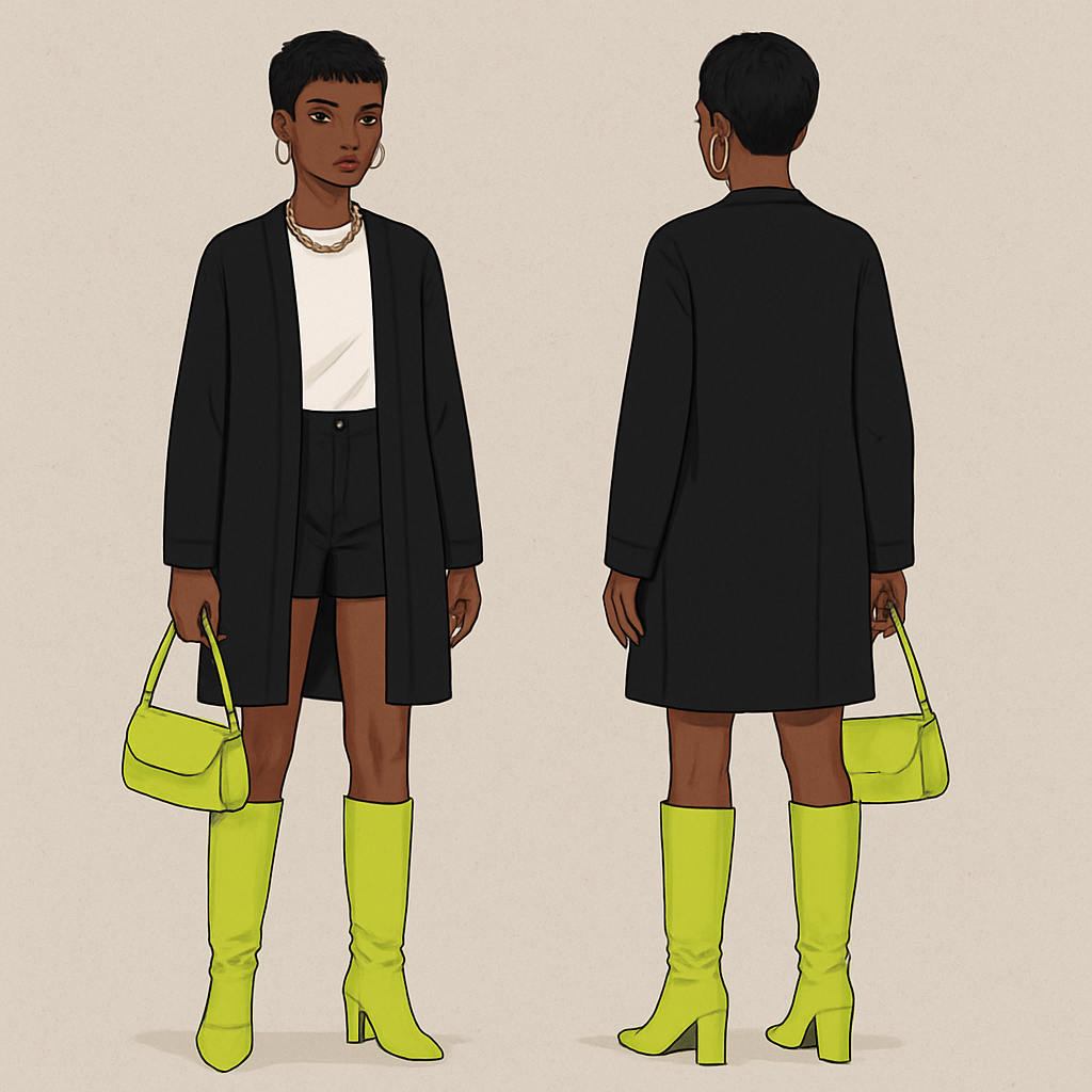 Black woman
Pixie cut
Long cardigan closed
White blouse
Black shorts
Gold jewelry
Lime high boots
Lime purse
Black woman
Pixie cut
Long cardigan closed
White blouse
Black shorts
Gold jewelry
Lime high boots
Lime purse
, streetwear style, show front and back