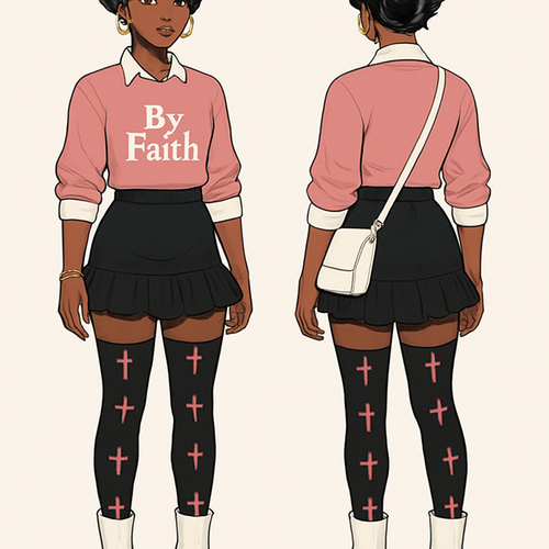 Black girl 
Finger waves 
White collared shirt 
Pick sweater shirt sleeves rolled it says 
By Faith in it 
Tight short ruffled black skirt
Black stockings with pink crosses on them 
White boots 
Gold jewelry 
White crossbody purse 
