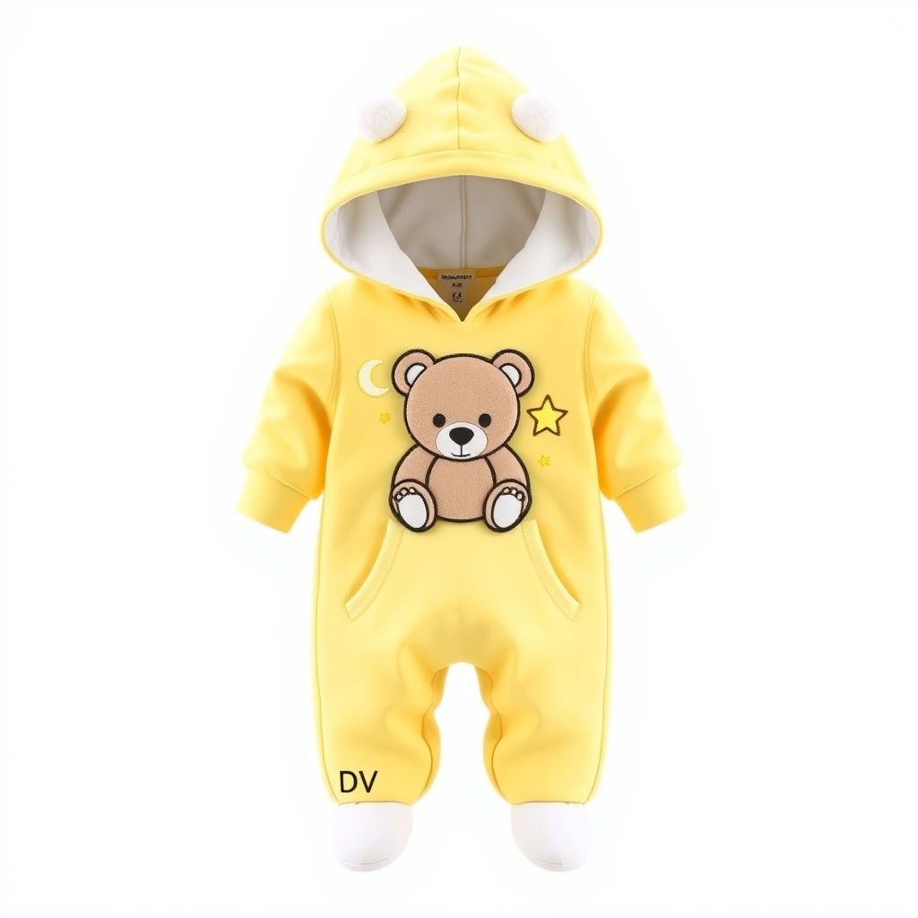 Persoplay Kids Baby Boy Yellow Simple Fashionable Cute Bear, Moon & Star Embroidery Plush 3D Hooded Jumpsuit For Home,Summer Travel. With “DV” on the bottom left corner.
Design a casual yet adorable baby boy jumpsuit in soft yellow, featuring a charming 3D plush bear, moon, and star embroidery. Perfect for summer travels or cozy home days, this relaxed-fit hooded outfit should include the playful initials “DV” on the bottom left corner for a chic touch.