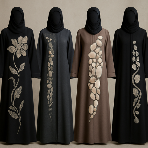 Create a modest abaya that's the first of its kind, featuring a unique stone design that exudes a classy and sophisticated vibe. I'd like four designs, each showcasing different styles and fabrics.Incorporate high-end, unique chic stone designs to make them truly special. And add little cute touch of sophisticated stone designs. Add huge flower and unique designs.