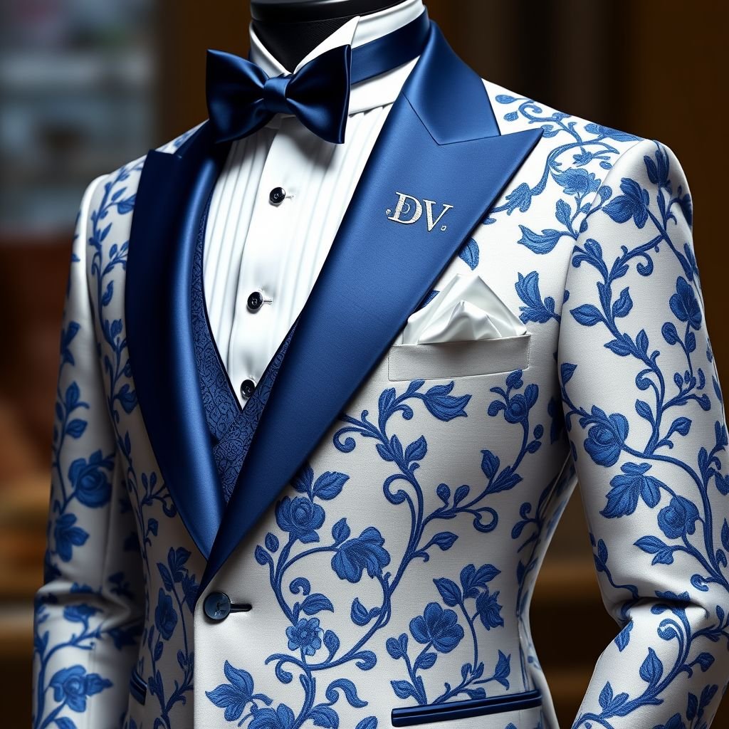 men’s suit. 3 peice blue floral tuxedo suit.. Put “DV” somewhere on it
Design an elegant three-piece men’s suit featuring a striking blue floral pattern, embroidered with intricate vines and blossoms. Tailored for sophistication, the tuxedo jacket should have a satin lapel, while the waistcoat showcases delicate, contrasting stitching. Place the initials "DV" subtly on the pocket square, adding a refined personal touch.