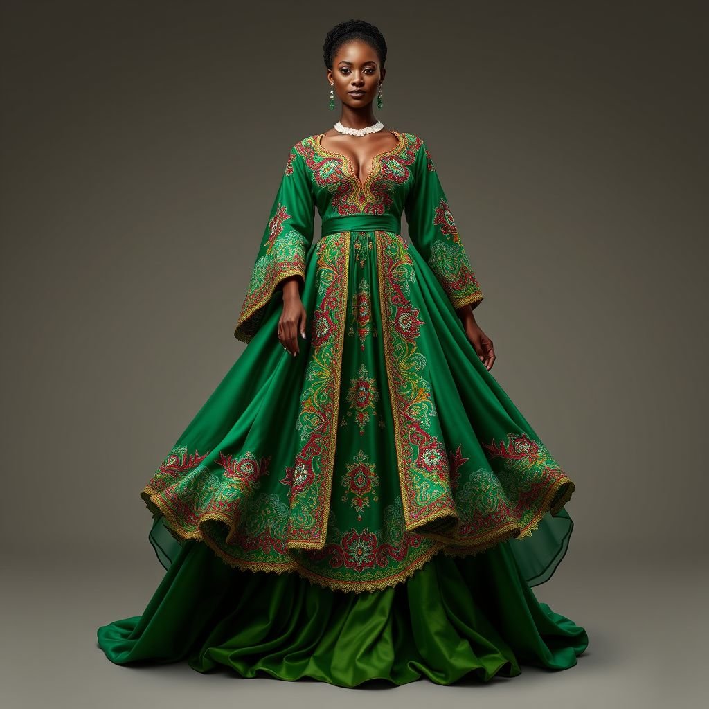 Create a woman’s kaftan that would wow. Add layers of fabric to create a big skirt but also add structure by ruching the waist. Give it a low neckline, and a monochrome hunter green color. Add details of ruched tulle and an accent of 6 inches ab crystals on a gold and green base to create a luxurious detail to the dress. The base fabric is duchess satin in hunter green
Design an opulent African-inspired woman’s kaftan featuring a grand skirt made of layered duchess satin in rich hunter green. Embrace traditional craftsmanship with intricate hand-stitched patterns and vibrant embroidery on the bodice. The waist is accentuated with luxe ruching, while a dramatic low neckline invites elegance. Add delicate tulle overlays adorned with shimmering six-inch AB crystals and a lavish gold-green base for a striking finish, celebrating the beauty and vibrancy of African fashion.