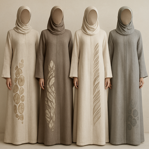 Create a modest two-piece linen abaya, the first of its kind, featuring a unique stone design that exudes a classy and sophisticated vibe. I’d like four designs, each showcasing different styles and fabrics. Incorporate high-end, unique chic stone designs to make them truly special. Add little sophisticated stone designs.