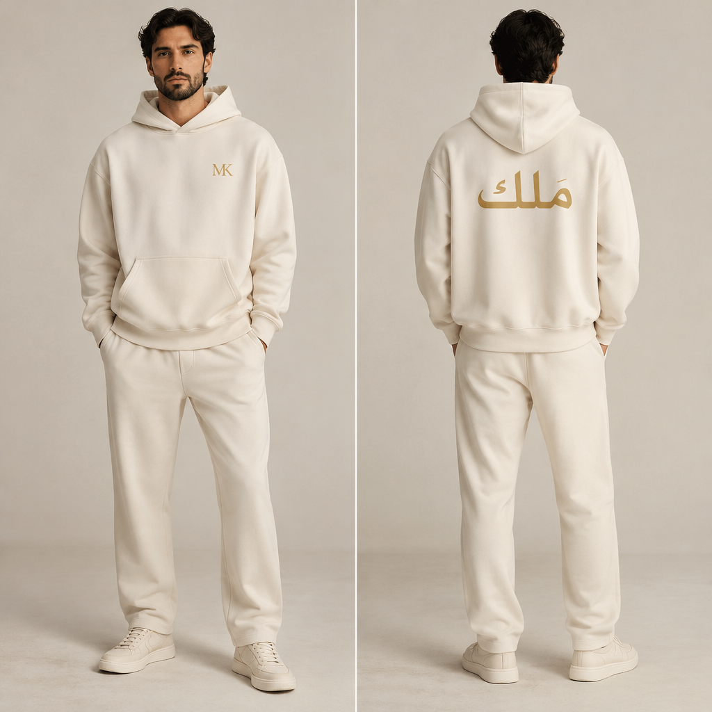 A Male Activewear design, made of Cotton, with a Relaxed silhouette, with modest, full coverage: longer hemlines, higher necklines and covered shoulders, in a Neutrals color palette, suitable for Fall, suited to a Cold climate. Men's luxury hoodie in cream/off-white color, minimal design, small gold MK logo embroidered on left chest, Arabic word "مَلِك" in modern geometric gold lettering on the back, no extra details, Silent Luxury style, MASTR KING APPAREL CO. brand Present it as professional fashion catalogue photography: the garment is the subject, shown full-length with editorial styling, neutral posing and tasteful, non-suggestive framing.
photorealistic fashion design, A Male Activewear design, made of Cotton, with a Relaxed silhouette, with modest, full coverage: longer hemlines, higher necklines and covered shoulders, in a Neutrals color palette, suitable for Fall, suited to a Cold climate. Men's luxury hoodie in cream/off-white color, minimal design, small gold MK logo embroidered on left chest, Arabic word "مَلِك" in modern geometric gold lettering on the back, no extra details, Silent Luxury style, MASTR KING APPAREL CO. brand Present it as professional fashion catalogue photography: the garment is the subject, shown full-length with editorial styling, neutral posing and tasteful, non-suggestive framing., just the design no text, show front and back